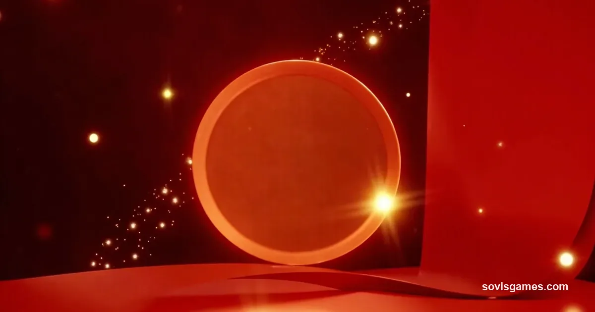 Abstract celebratory retail-event hero: centered glowing warm-gold circular medallion tilted slightly on a crimson red to deep wine-black vertical gradient backdrop, with a horizontal gold ribbon band across the lower third and warm white sparkle bokeh scattered across the upper right. No readable text, no logos, no brand mark, no console silhouette, no controller silhouette, no character art.