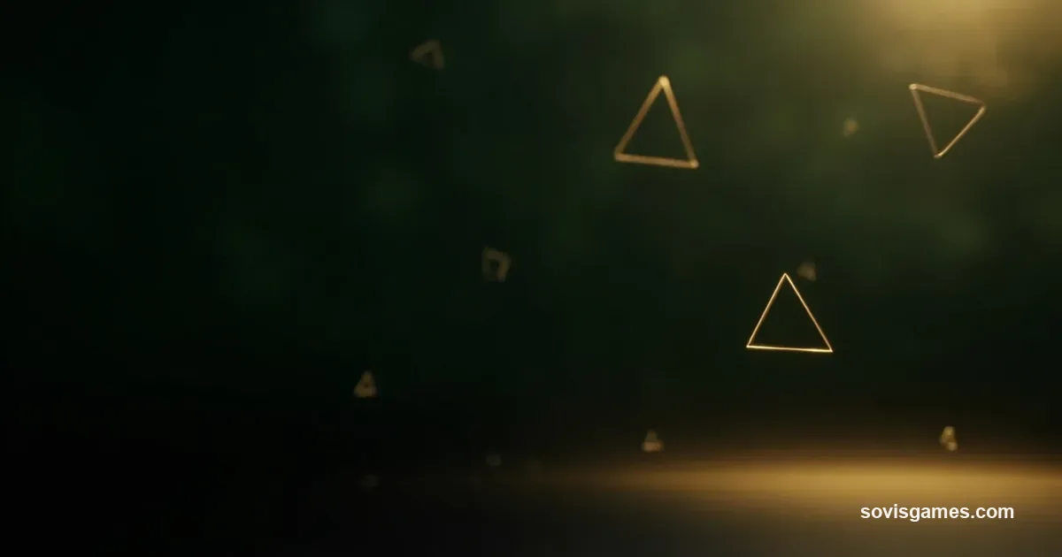 Abstract triangular hero composition: three interlocking antique-gold equilateral triangle outlines scattered across a deep forest-green to jet-black gradient backdrop, warm parchment bokeh in the upper right, soft horizontal gold light-streak across the bottom third. No readable text, no console silhouette, no controller silhouette, no character art, no brand mark, no logotype.