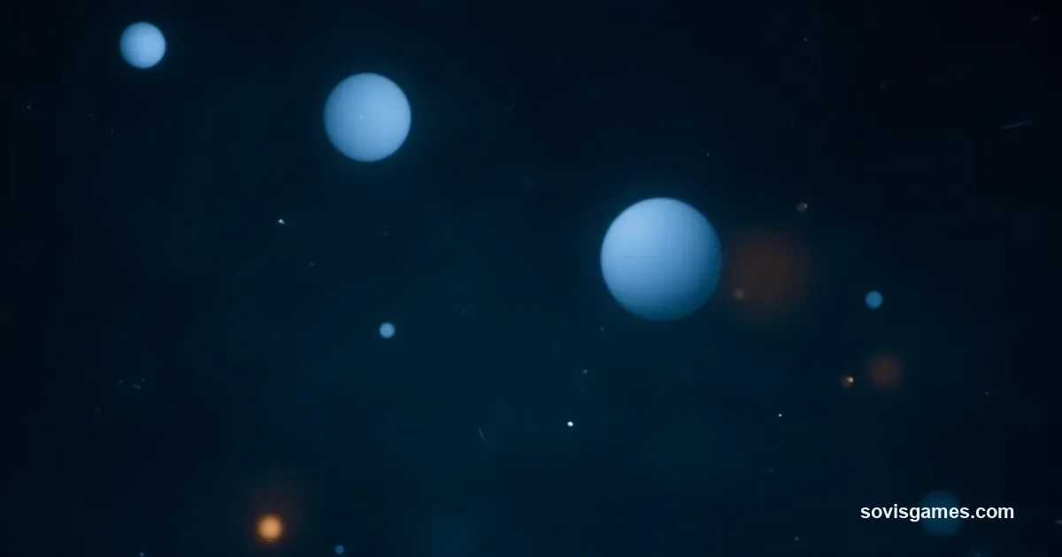 Abstract bundle-comparison retro-tech aesthetic: midnight-navy-to-charcoal gradient backdrop with three soft glowing signature-blue volumetric light orbs of graduated sizes scattered asymmetrically across the frame, one small warm-amber glowing dot icon faintly visible in the lower-left corner. Completely non-representational — no console or hardware silhouette, no shopping tags. Represents the three-way PS5 Slim, Pro, and original bundle comparison.