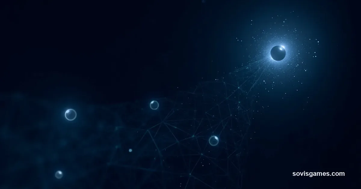 Abstract premium retro-tech aesthetic on a midnight-navy-to-charcoal gradient: a single signature-blue glowing core orb centered upper-right with a halo of small light specks, a delicate violet-cyan polygonal neural-lattice pattern spreading across the lower half, four smaller signature-blue light orbs scattered asymmetrically. Completely non-representational — no console or hardware silhouette. Represents a console system-software beta and AI-upscaler how-to.