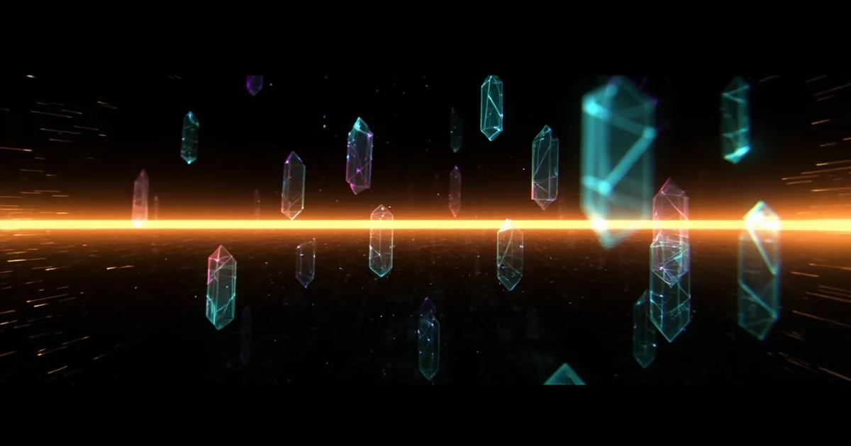 Abstract cinematic mood poster in 16:9 format. Carbon black background with a glowing amber horizon line across the middle. Floating translucent teal hex prisms and sparse radiation violet diamond shapes rising from the bottom, evoking a digital vault inside an amber-lit terminal. No characters, no silhouettes, no readable text (other than the sovisgames.com watermark).
