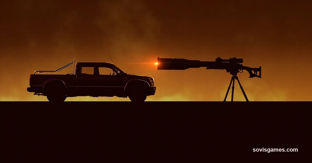 Abstract editorial illustration on a deep brown-black background. Center-left: a flat-shaded amber pickup truck silhouette with a chrome roof rack sits on a low rectangular stone dais, no wheels visible. Center-right: an oversized rifle scope on a tripod, the lens reflecting a small bright ember-orange glow. Soft low volumetric light rises from beneath the truck through ambient haze. No people, no readable text, no logos, no Borderlands characters, no vault symbol.