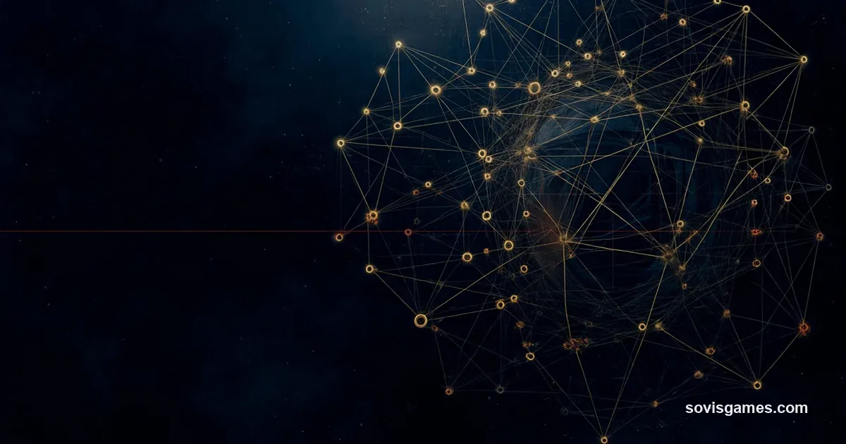 Abstract editorial composition on a deep midnight navy background with subtle radial gradient. Center: a network of thin golden threads weaving in an intricate overlapping pattern, suggesting fate threads, destiny connections, or a tapestry of intertwined storylines. Threads branch out toward the corners of the frame, connecting small abstract nodes (small gold circles) at intersections. A muted red glow line traces one prominent thread from upper-left to lower-right suggesting a primary storyline path. Faint circuit-board grid pattern in the background. No people, no characters, no readable text, no logos, no Nintendo marks, no Fire Emblem marks, no shield, no weapons, no crest. Painterly editorial news aesthetic, geometric minimalism with warm gold accents, 16:9 aspect ratio.