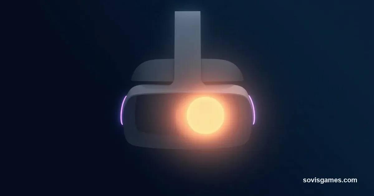 Abstract editorial illustration on a deep navy background. Center: a stylized VR headset silhouette in muted cool gray with a subtle purple-blue rim light on the visor band, viewed at a three-quarter angle. In front of the visor: a circular portal aperture in warm amber fading to translucent at the edges. Soft volumetric light radiates from the portal through the headset silhouette. No people, no characters, no readable text, no logos, no Half-Life HEV suit, no crowbar, no Combine insignia.