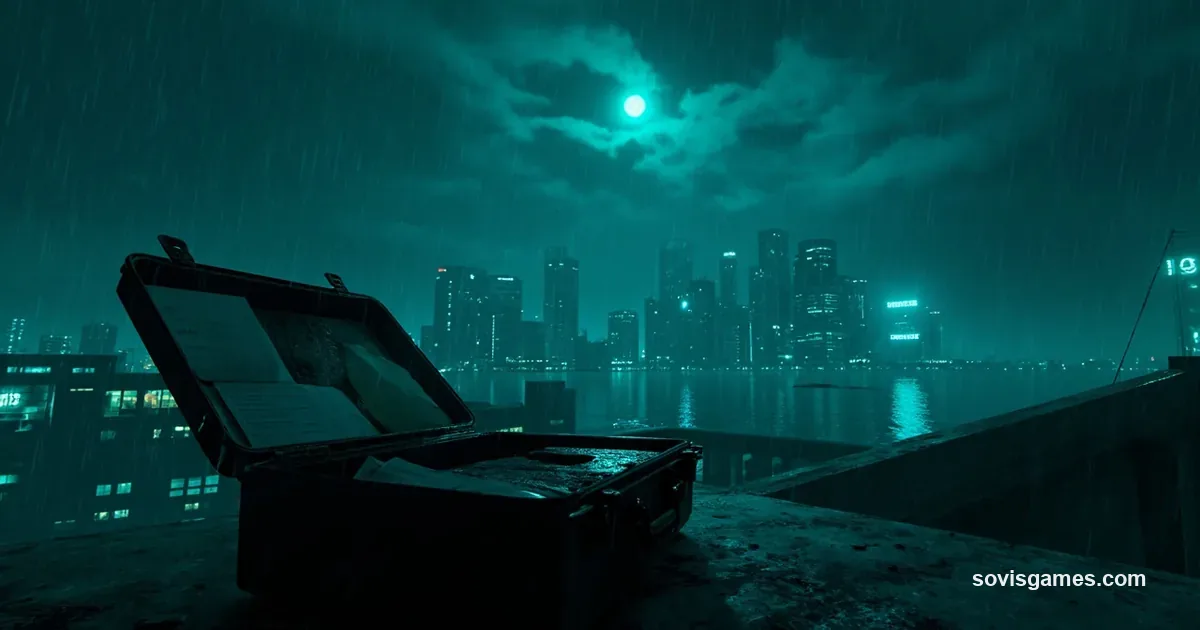 A rain-slicked rooftop terrace at night overlooking a coastal megacity; a half-open black briefcase with faint cyan glow, deep ink-teal sky, distant abstract neon reflections in puddles.