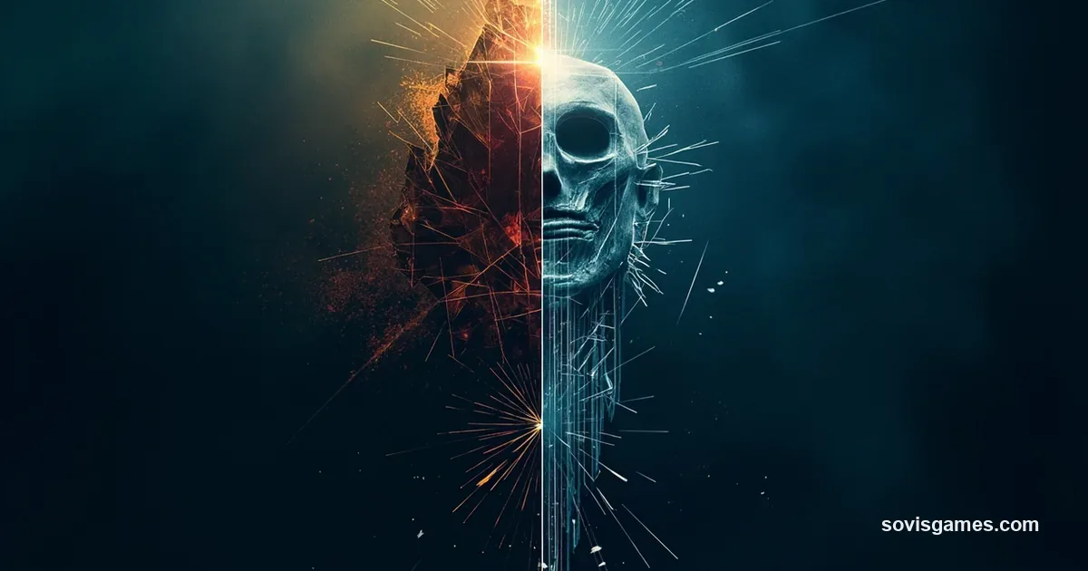 Abstract cinematic mood poster — deep arctic navy background with vertical gradient to steel blue. Left half features an abstract hulking geometric form in muted gold crystalline facets, right half features a sharper wraith-like form in muted crimson fractured shards, meeting at a vertical seam crossed by frost-white aurora-like parallel lines. No characters, no silhouettes, no figures, no faces, no readable text (other than the sovisgames.com watermark).