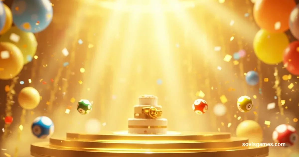 Festive golden anniversary stage with confetti, balloons in yellow red and blue, and abstract colorful ball emblems floating. No specific Pokemon character artwork, no readable text, no logos.