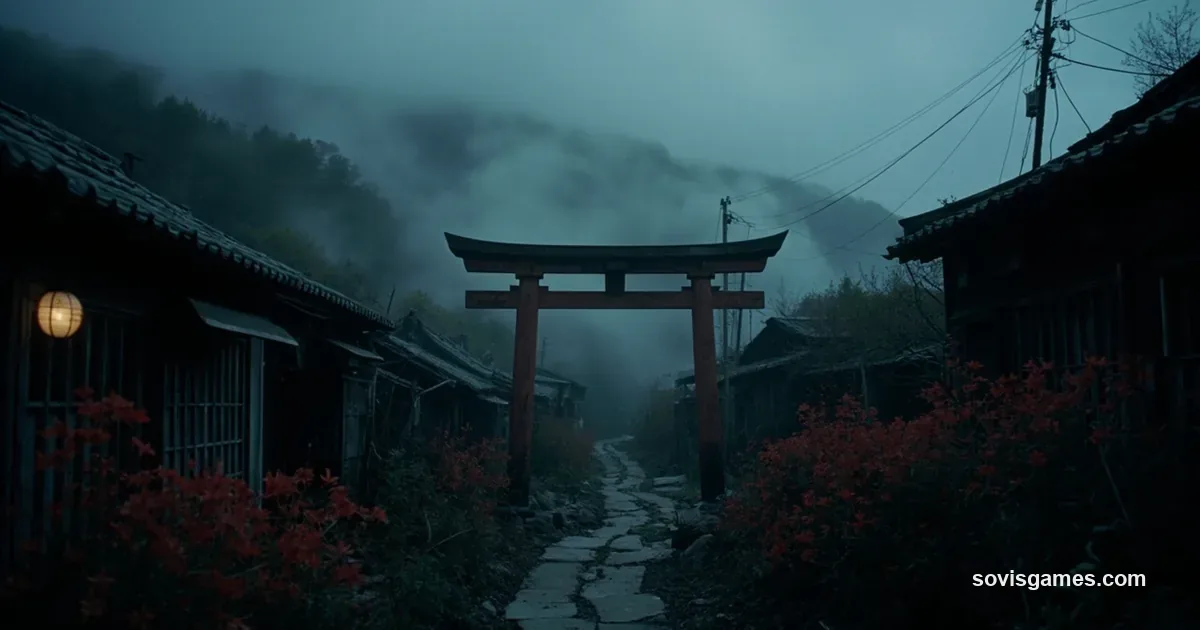 Atmospheric moody landscape of a fog-shrouded 1960s Japanese mountain village at dusk, with a vermilion torii gate in the distance and crimson red spider lilies scattered along the stone path leading toward it.