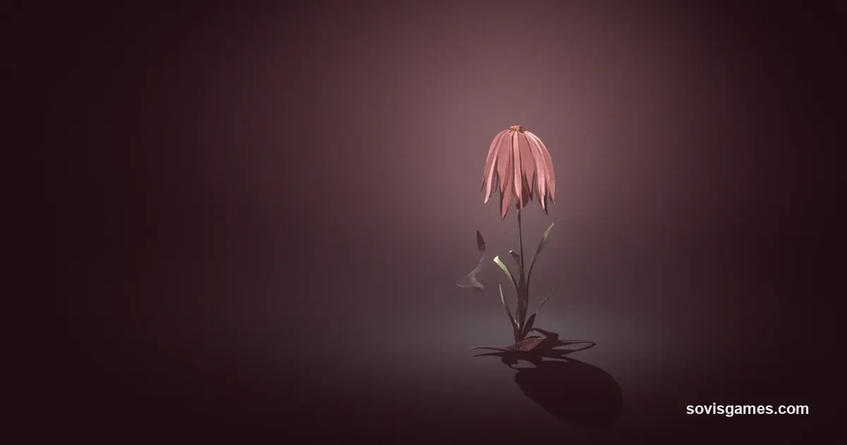 Abstract editorial composition on a deep burgundy-fade background transitioning to near-black at edges. Center: a stylized single wilted flower (drooping petals) in muted dusty-rose color, casting a long shadow. Surrounding the flower: faint wispy fog tendrils in muted teal-gray suggesting creeping mist. Behind the flower: a faded outline of a small Japanese-style house silhouette in muted dark gray. Faint radial vignette darkening at corners. No people, no characters, no readable text, no logos, no Konami marks, no Silent Hill pyramid, no nurse, no monster. Painterly editorial news aesthetic, muted atmospheric horror, 16:9 aspect ratio.