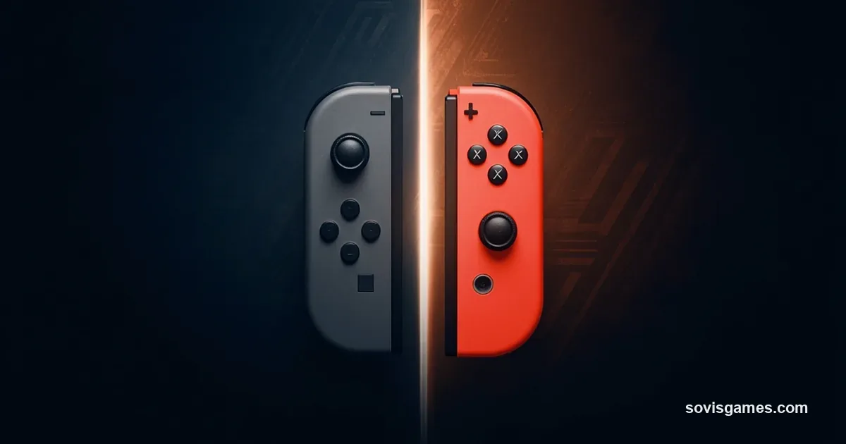 Abstract editorial illustration on a deep navy gradient background fading to jet black at the edges. Center-left: stylized handheld silhouette in muted cool gray with subtle deep-navy accent line, 3/4 angle, screen-side facing center. Center-right: stylized handheld silhouette in warm muted red-orange, similar 3/4 angle, screen-side facing center. Between both devices: a thin vertical warm amber light beam suggesting signal or comparison. Behind both devices: faint diagonal stripe pattern suggesting circuit boards or signal flow. No people, no characters, no readable text, no logos, no Valve or Nintendo or Switch marks.