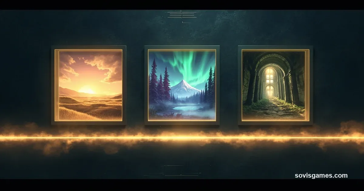 Abstract wide composition: three softly glowing rectangular portal-windows float in the middle third of a deep navy charcoal background overlaid with a faint circuit-grid texture. Left portal shows rolling golden-grass highlands with low sun haze; middle portal shows misty pine forest with frozen lake and aurora sky in cyan and emerald; right portal shows emerald-green temple ruin overgrown with vines and morning light. A single thin glowing amber-gold line runs horizontally below the three portals as a unifying horizon. Painterly, no readable text, no logos, no IP characters, no human silhouettes, no handheld devices.