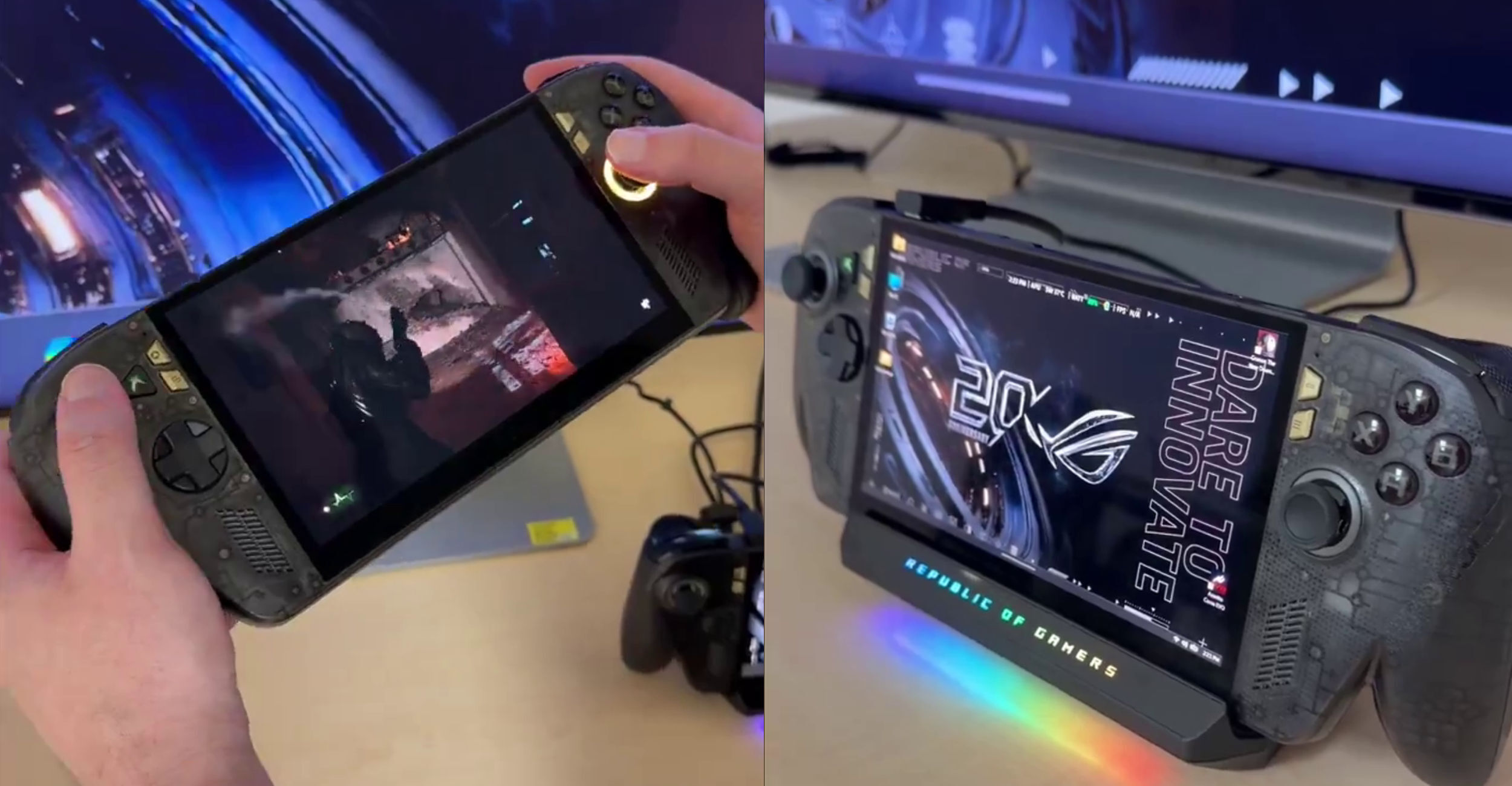 ASUS ROG Ally X20 handheld gaming PC with transparent body design, displayed in handheld and docked configurations.